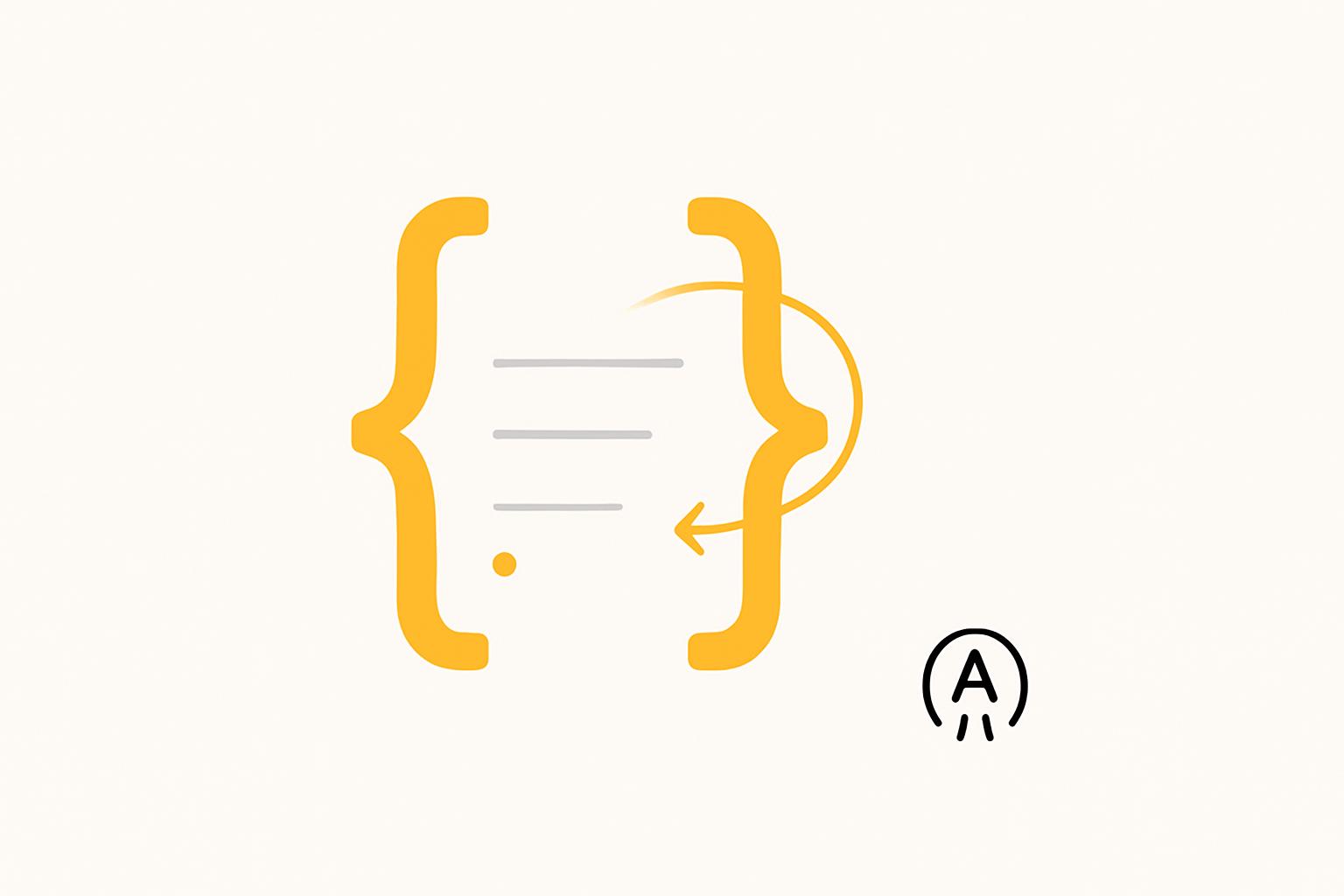 Yellow curly braces with a loop-back arrow and an Anthropic glyph, minimalist PromptAttic editorial hero for a JSON-repair recipe.