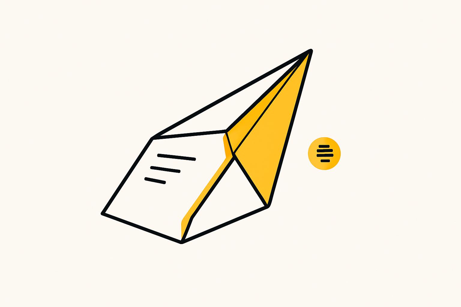 Yellow paper-airplane folding from a prompt page beside an Anthropic glyph, minimalist PromptAttic editorial hero illustration.