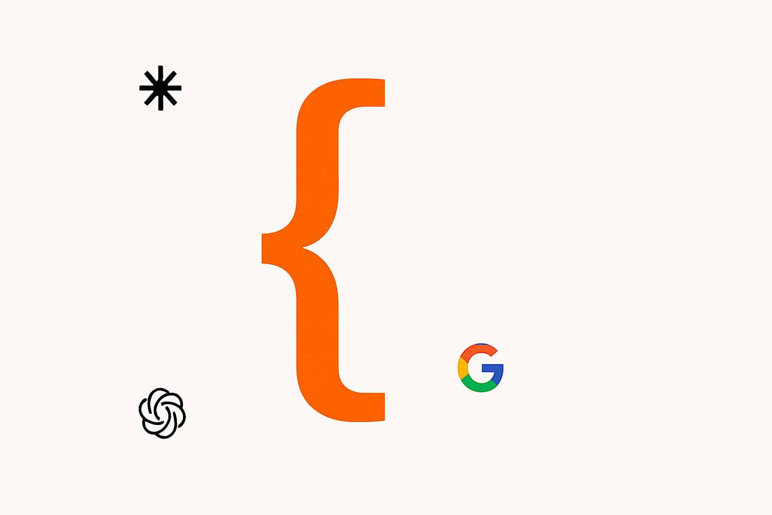 Orange JSON brace glyph on a stark white background with small Anthropic, OpenAI, and Google logos arranged around it. Minimalist typography poster, PromptAttic editorial style.