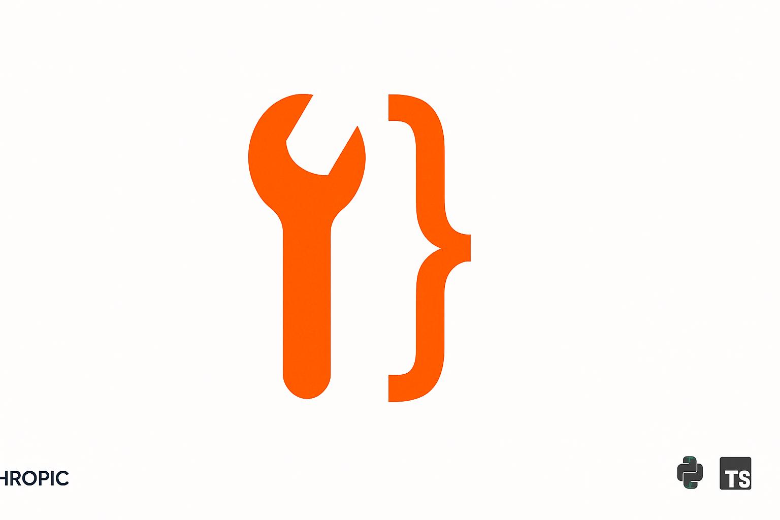 Orange wrench-and-curly-brace glyph on a stark white minimalist poster, with small Anthropic, Python, and TypeScript marks at the bottom edge.
