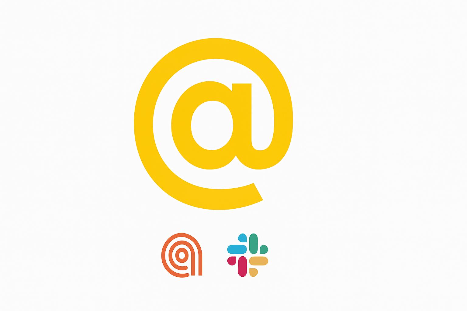 A large yellow at-symbol glyph on stark white background with small Anthropic and Slack brand marks below.