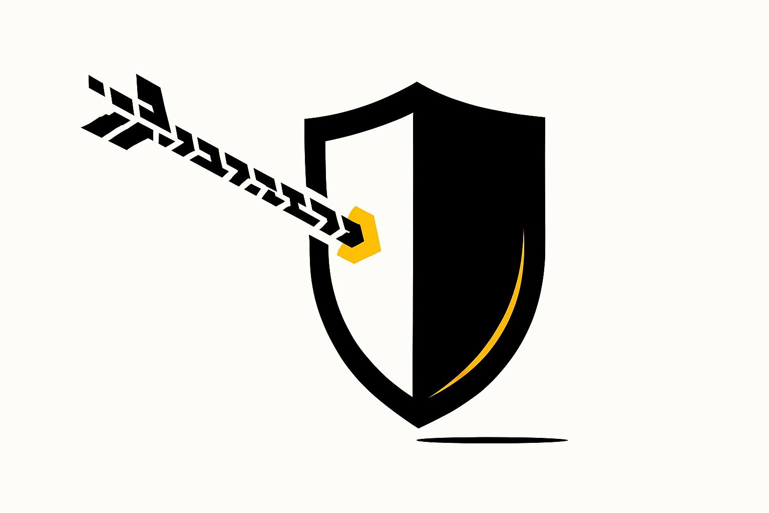 A bold black shield glyph deflecting an incoming arrow made of text-token blocks, one token and the shield rim glowing amber, on a stark white background