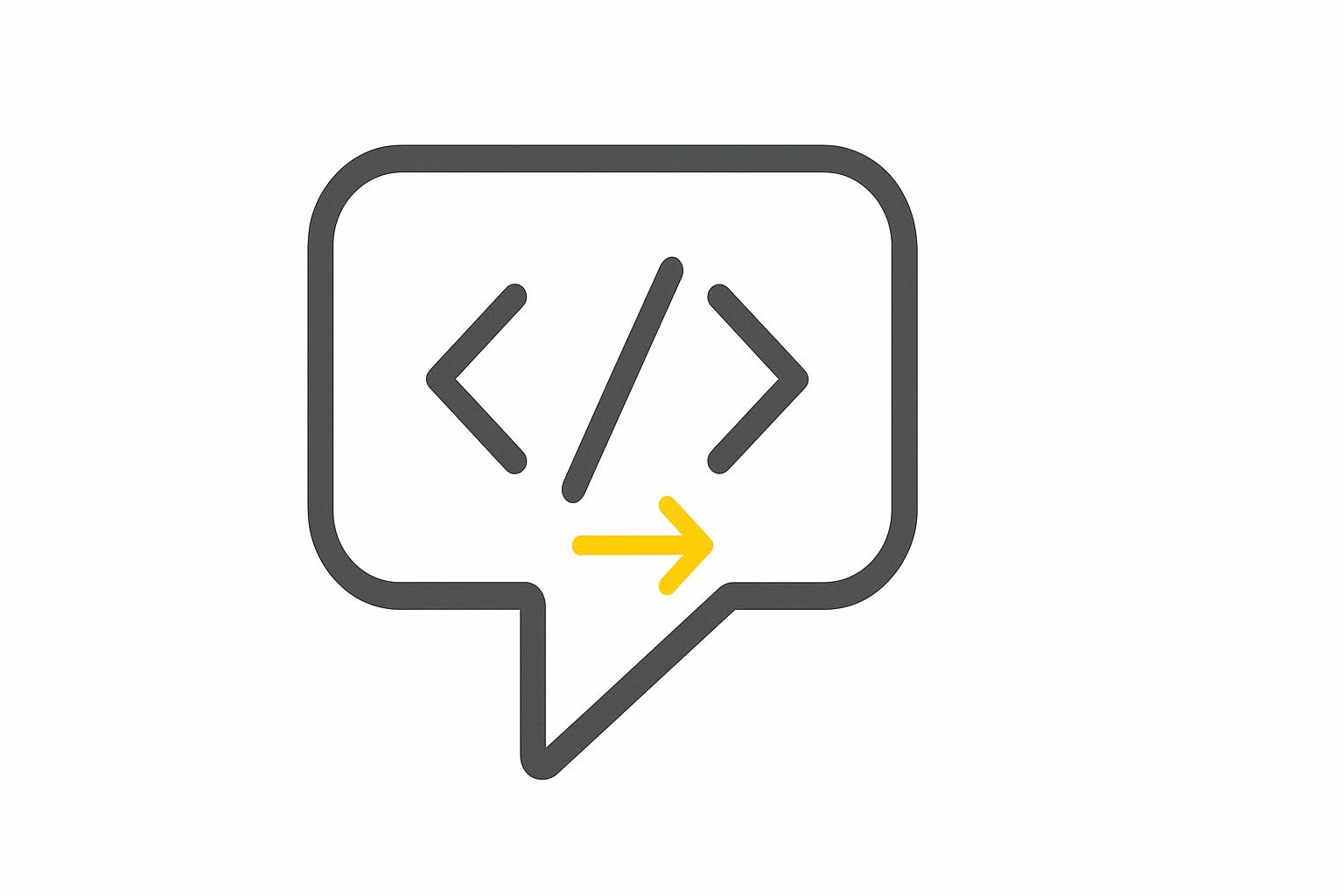 A charcoal code-bracket speech-bubble glyph emitting a single amber arrow on a stark white background, minimalist poster style