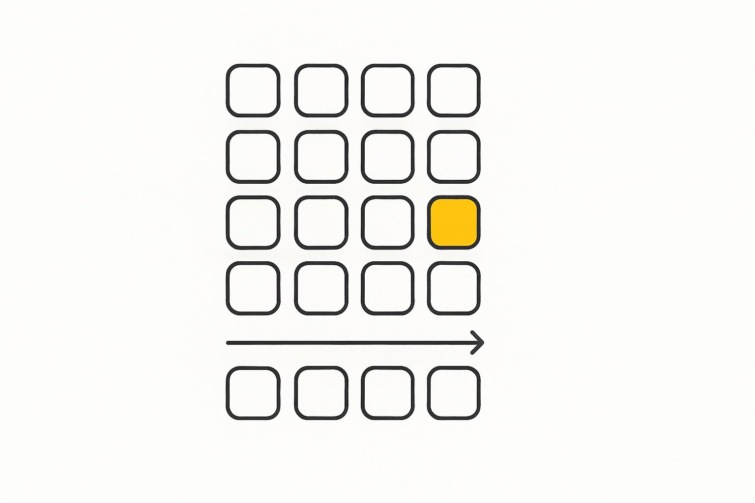 A grid of charcoal rounded-square cells on a stark white background with a single amber cell highlighted and an arrow scanning across, evoking a reference card.