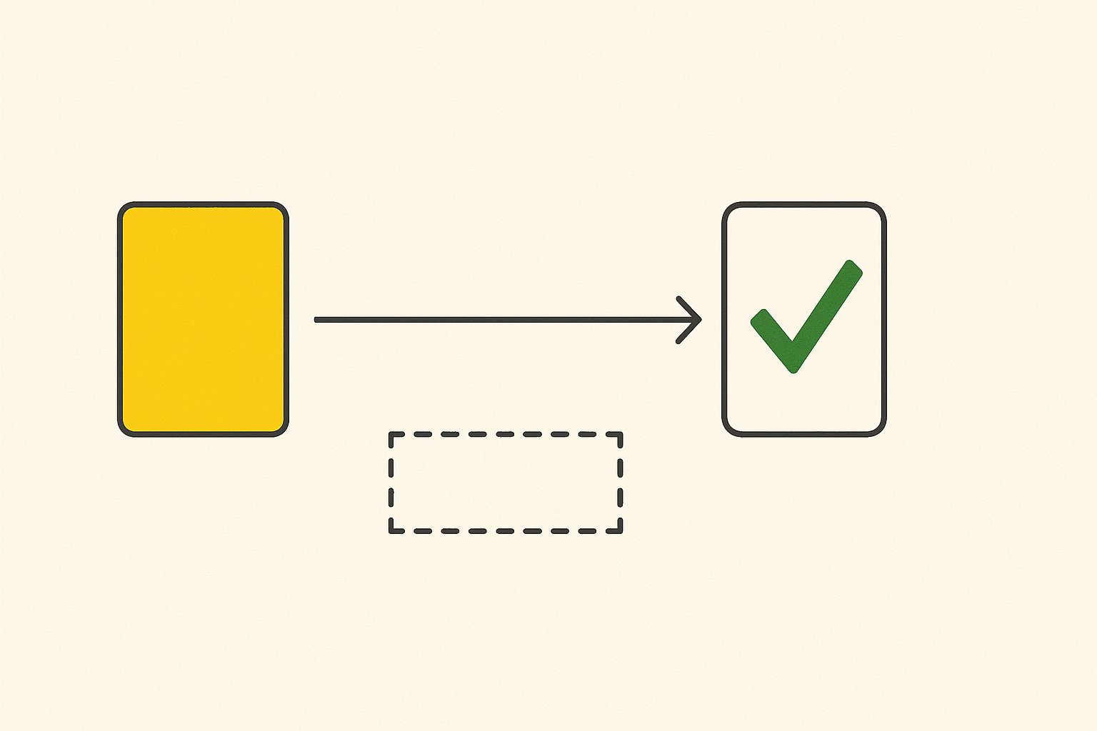 Minimalist illustration of a single instruction card connected by one straight arrow to a checkmark output card, with an empty dashed placeholder for no examples, on a white background with a yellow accent