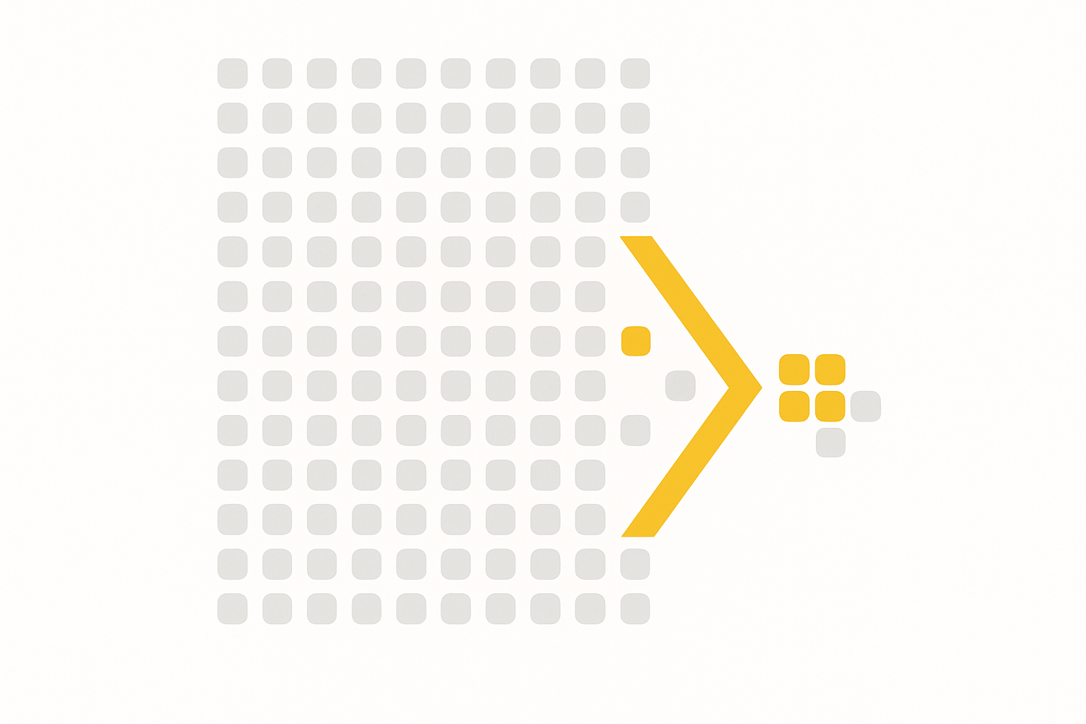 A loose grid of token squares compressed through a chevron into a small dense cluster, illustrating prompt compression