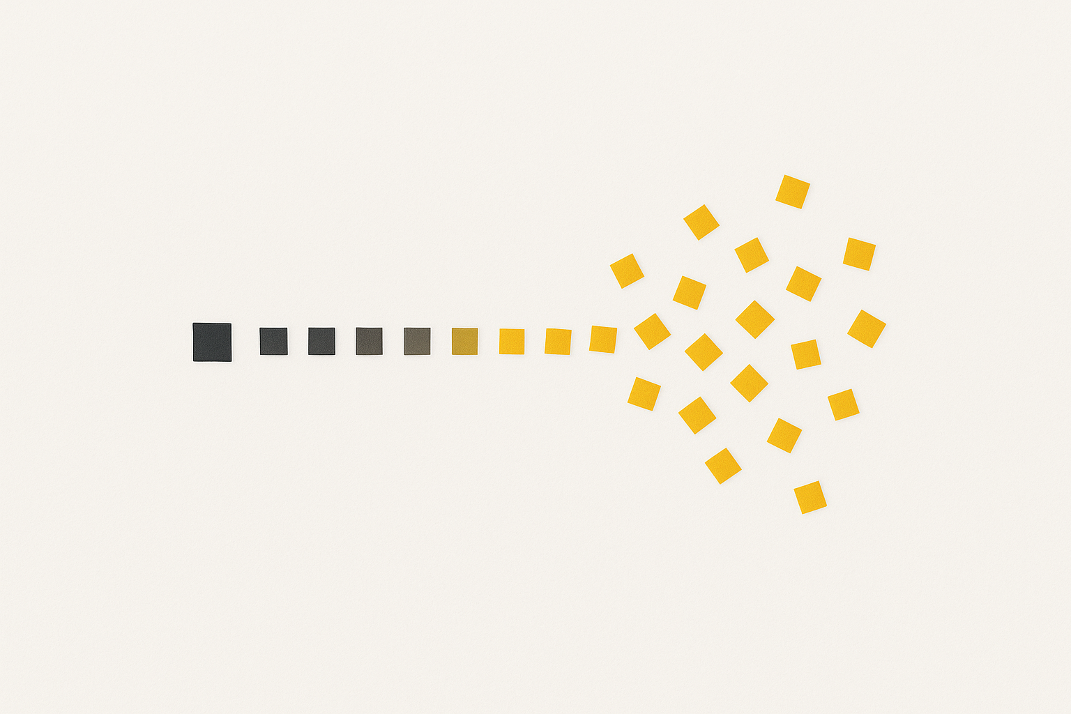 A row of squares starting as one crisp dark charcoal square on the left and fanning out into a scattered cluster of amber squares on the right, illustrating an LLM sampling temperature dial from deterministic to random.