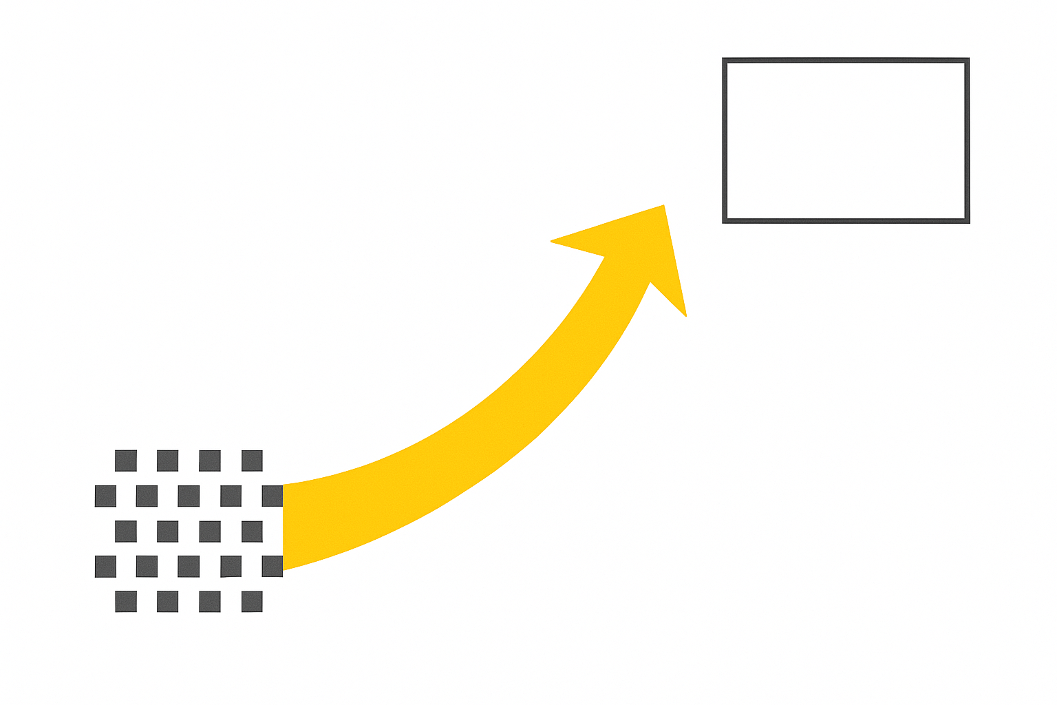A bold yellow arrow curving up and back from a dense cluster of small grey squares toward a wide vantage viewpoint, on a stark white background.