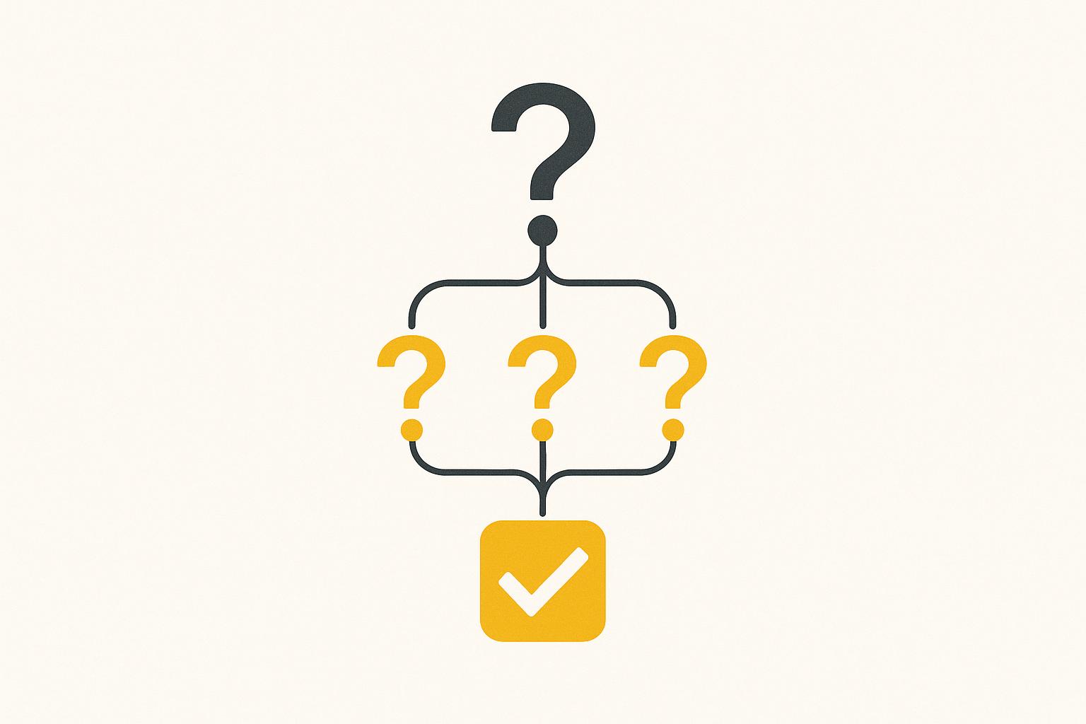 A stark near-white poster showing one charcoal question mark branching into three amber question marks that converge into a single amber checkmark, depicting a chain of Socratic questions resolving into one consistent answer.