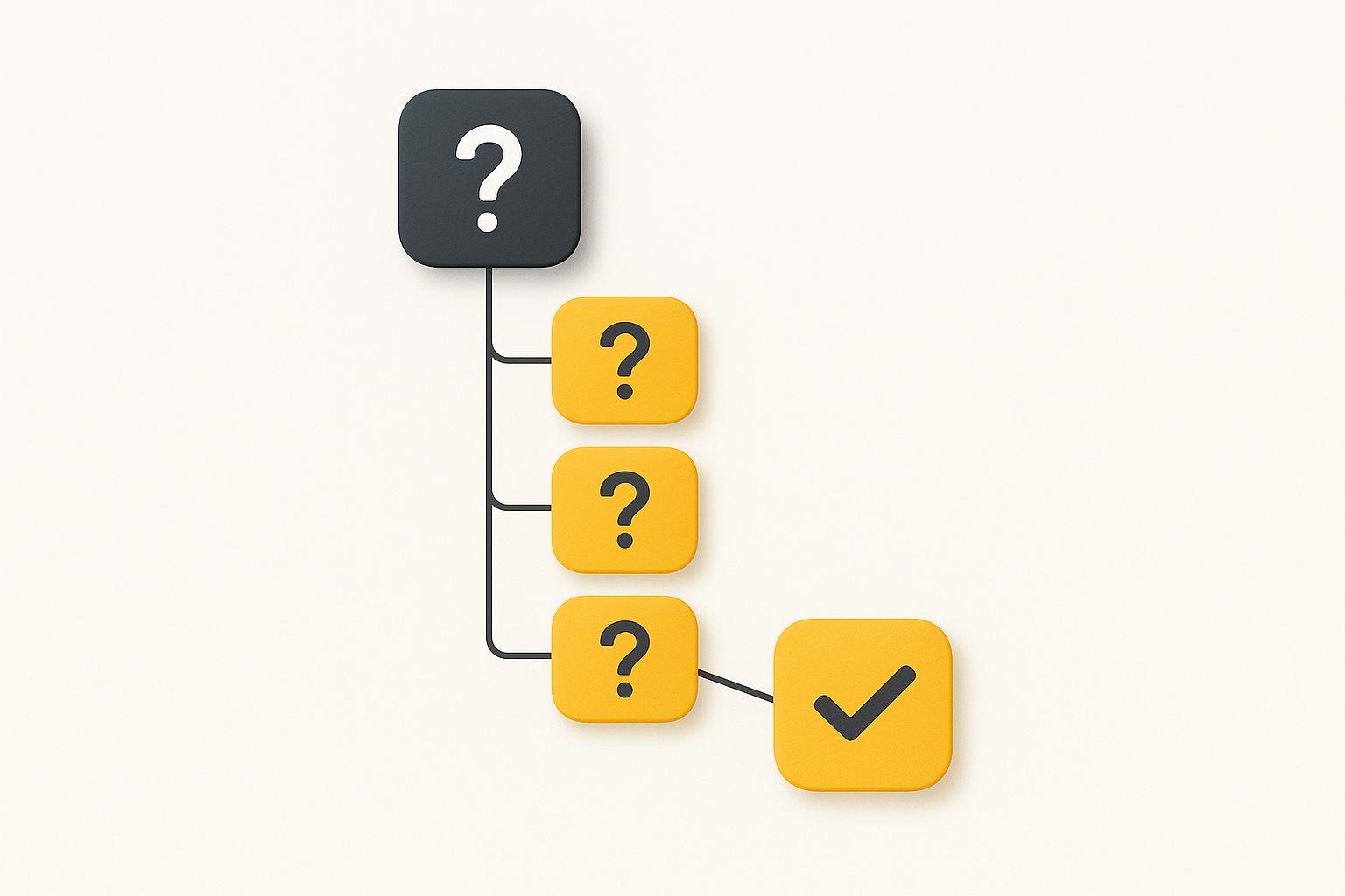 A charcoal question tile branching into three amber follow-up question tiles that converge into a single amber answer tile, depicting self-ask decomposition.