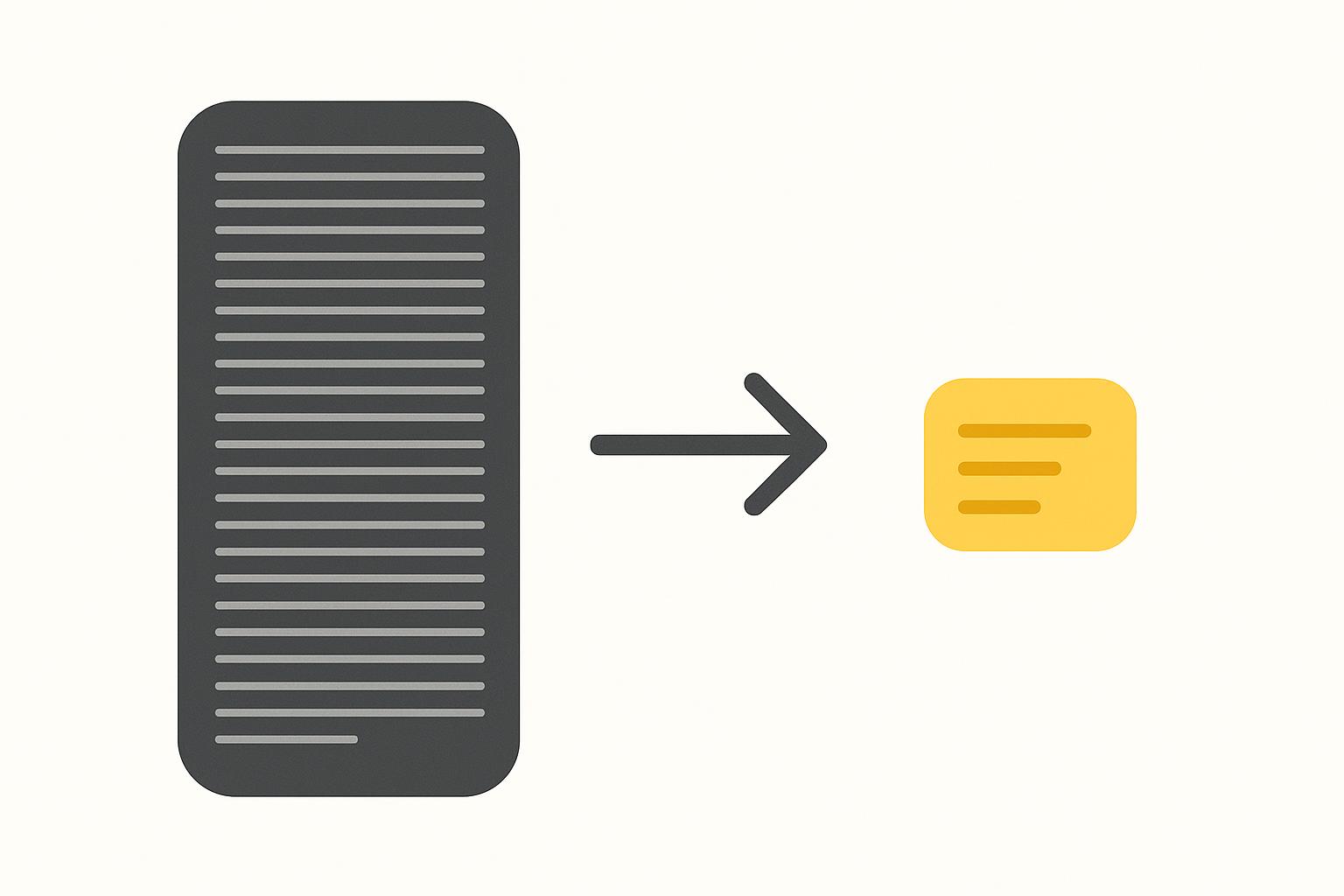 A tall dense block of gray reasoning lines compressing into a short amber draft card, illustrating Chain of Draft cutting verbose reasoning to a few words.