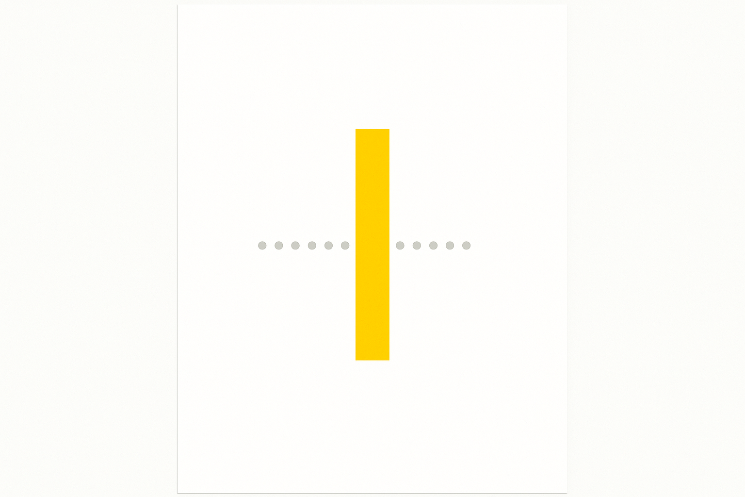 A single yellow vertical bar halting a horizontal stream of grey dots at a hard boundary, on a stark white minimalist poster.