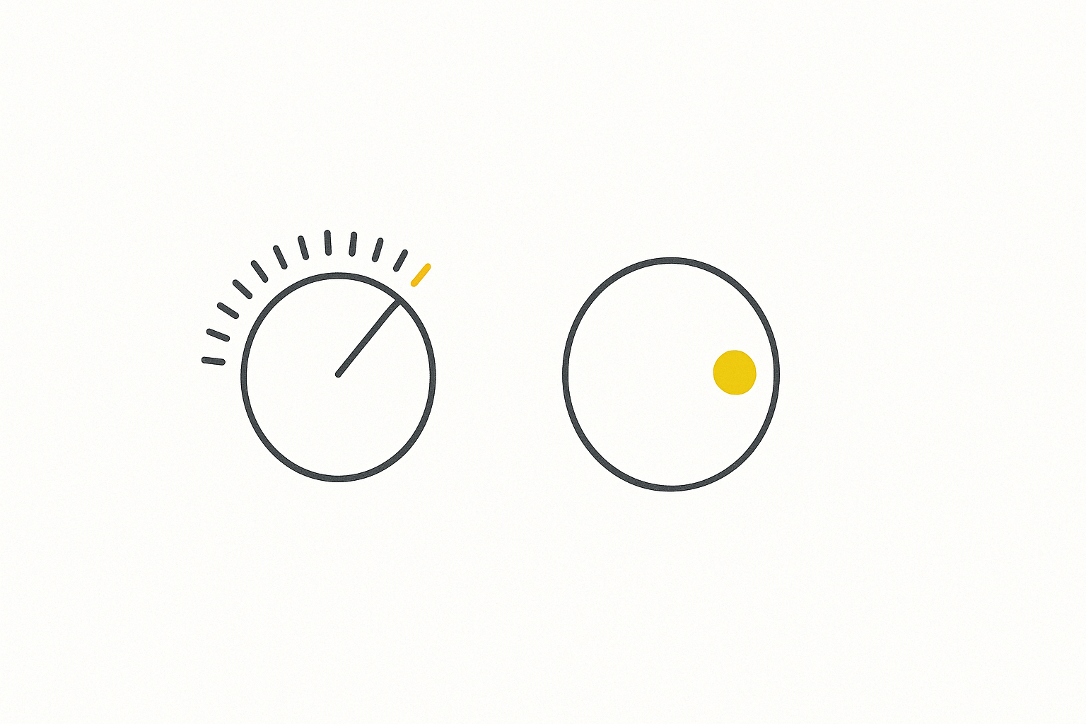 Two minimalist control dials on a white background, one crowded with repeated ticks and one with a single toggle, yellow accent