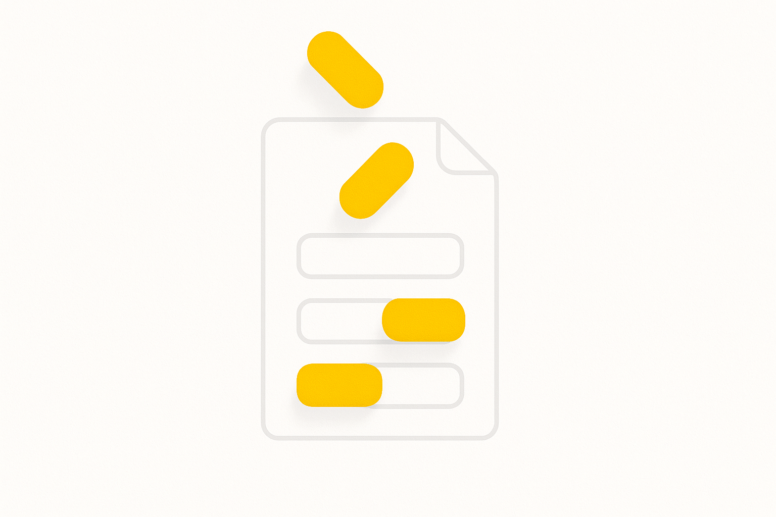 A minimalist yellow-and-white poster showing three amber tokens slotting into blank placeholders on a template sheet, representing filling variables into a prompt template